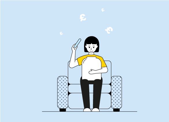 Graphic of woman on sofa with a jar of savings